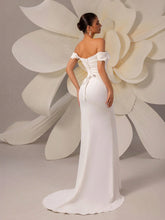 Elegant Simple Off Shoulder Pleated Bodycon Mermaid Wedding Dress With Small Trailing